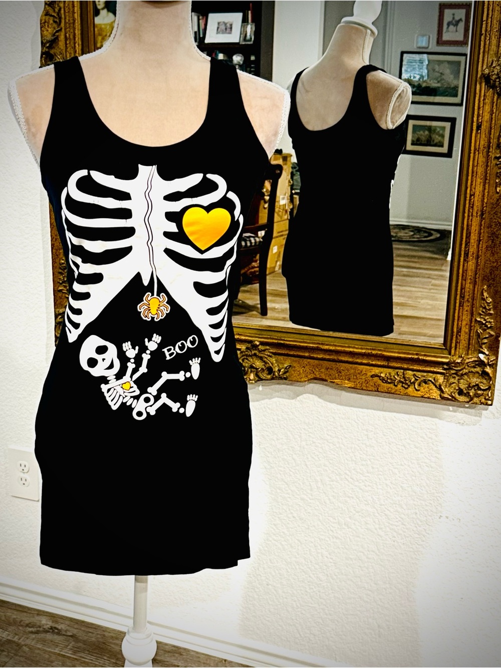 Halloween mini dress “Baby on Board” Pregnant Skeleton with dangling spider Sz S